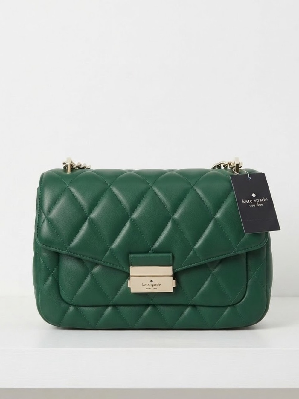 Kate Spade Green Carey Smooth Leather Medium Flap Quilted Shoulder Bag NWT